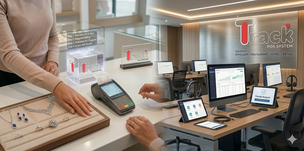 TrackPOSSystem for jewellery, restaurant, hotel and retail — in-store billing and cloud analytics with dedicated support