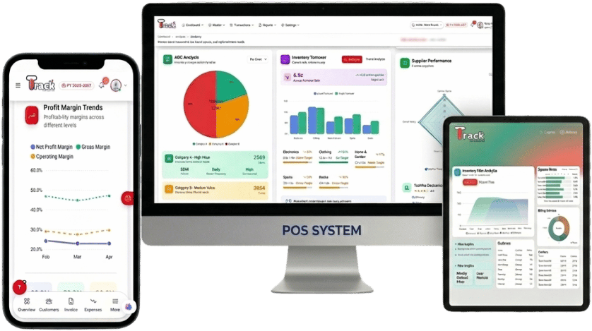 TrackPOSSystem POS — desktop, mobile and tablet dashboards for billing, inventory and analytics